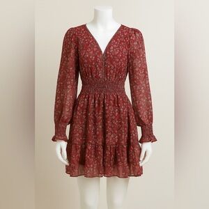 Max Studio Red Floral Long-Sleeve Smocked Waist Dress – Boho Tiered Mini Size S